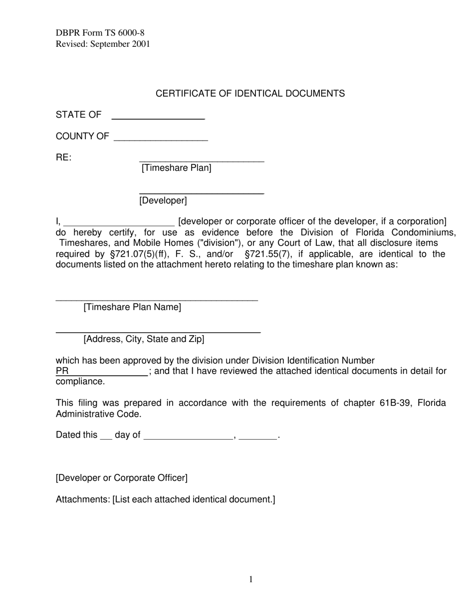 DBPR Form TS6000-8 Certificate of Identical Documents - Florida, Page 1