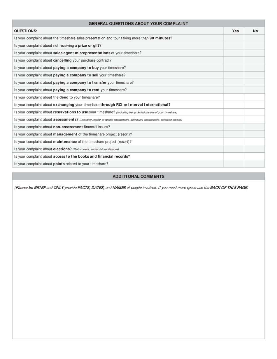 Uniform Timeshare Complaint Form - Florida, Page 2