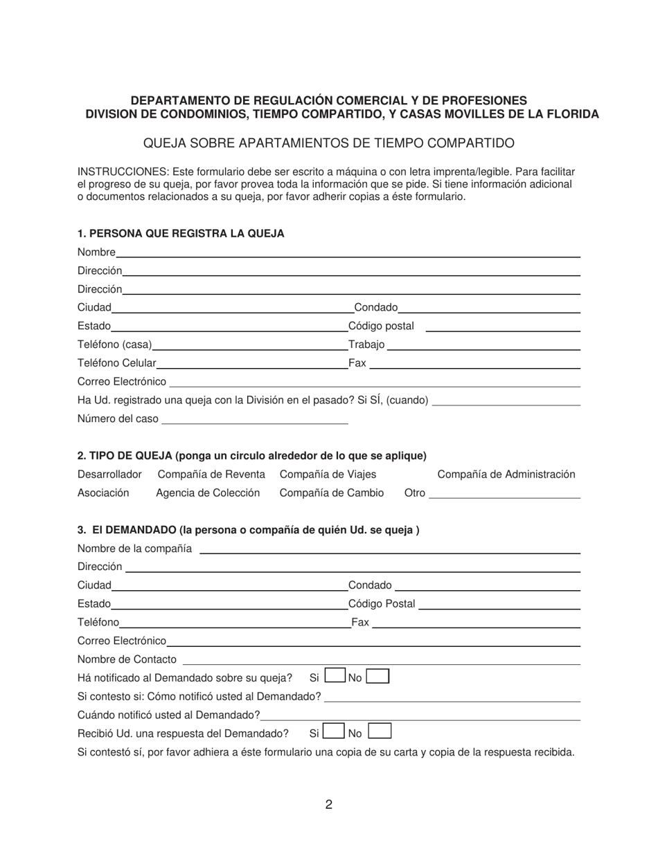 Queja Sobre Apartamientos De Tiempo Compartido - Florida (Spanish), Page 2