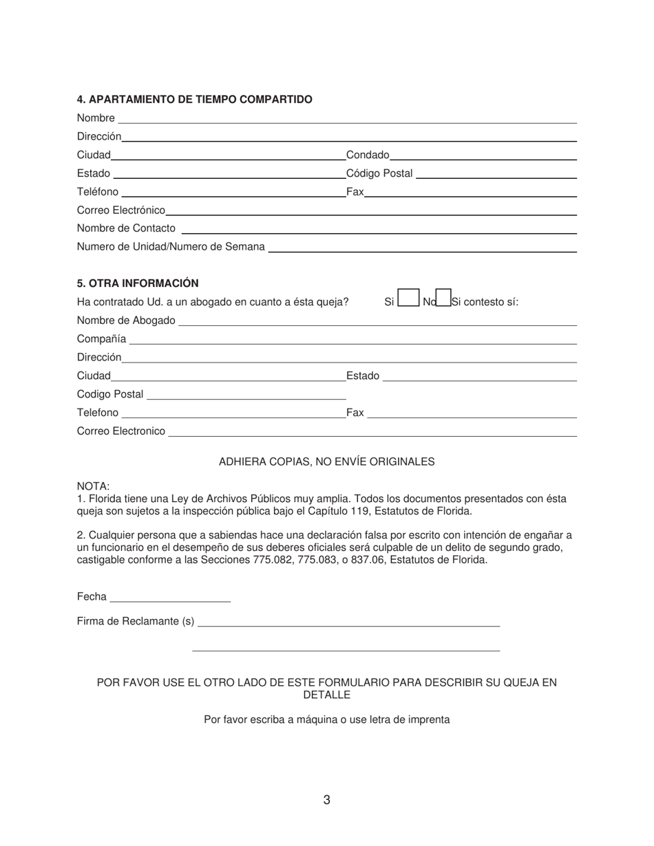 Queja Sobre Apartamientos De Tiempo Compartido - Florida (Spanish), Page 3