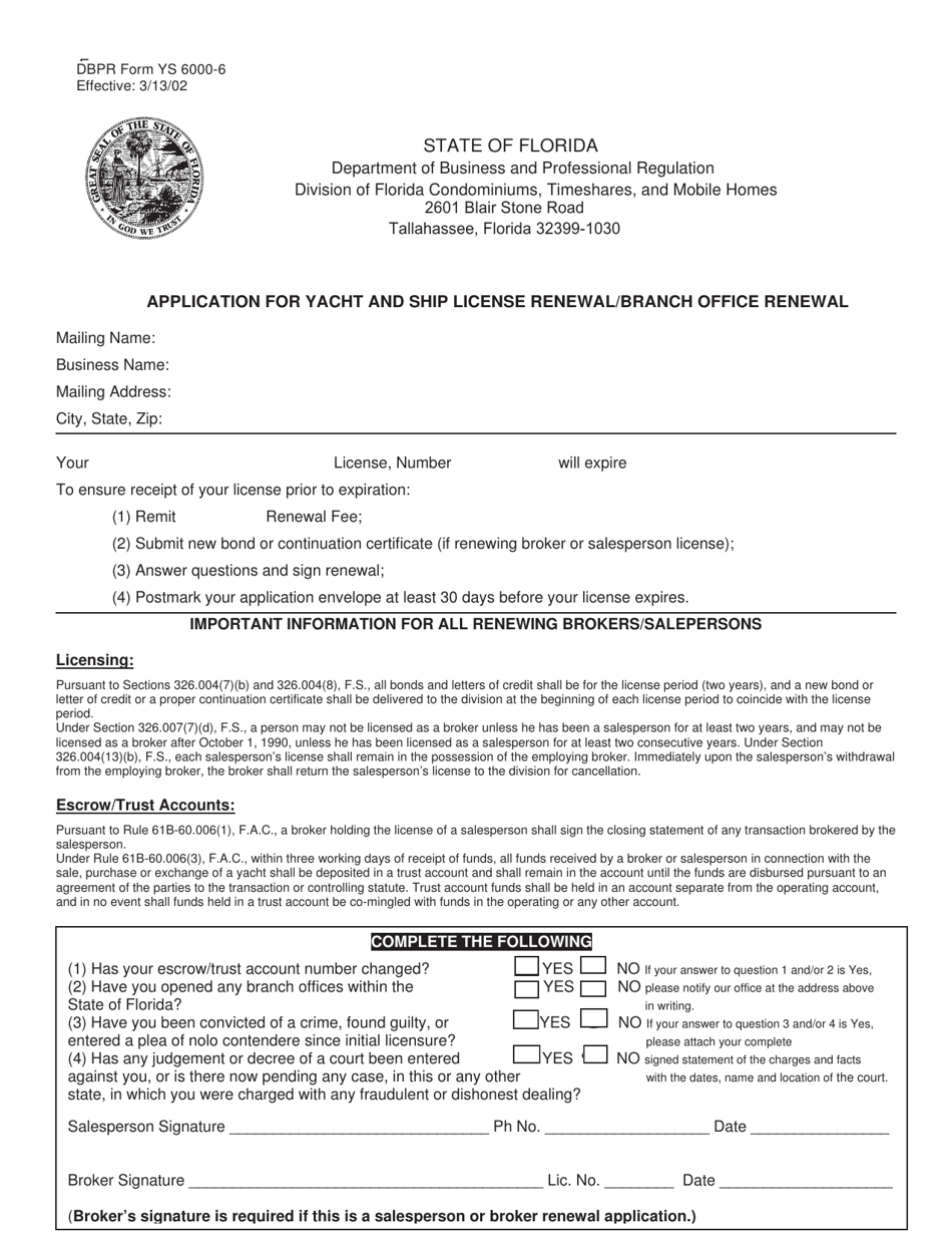 DBPR Form YS6000-6 Application for Yacht and Ship License Renewal / Branch Office Renewal - Florida, Page 1