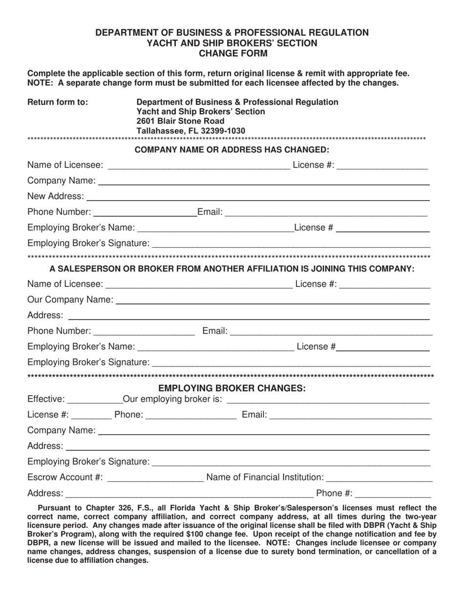 Yacht and Ship Brokers Section Change Form - Florida, Page 1