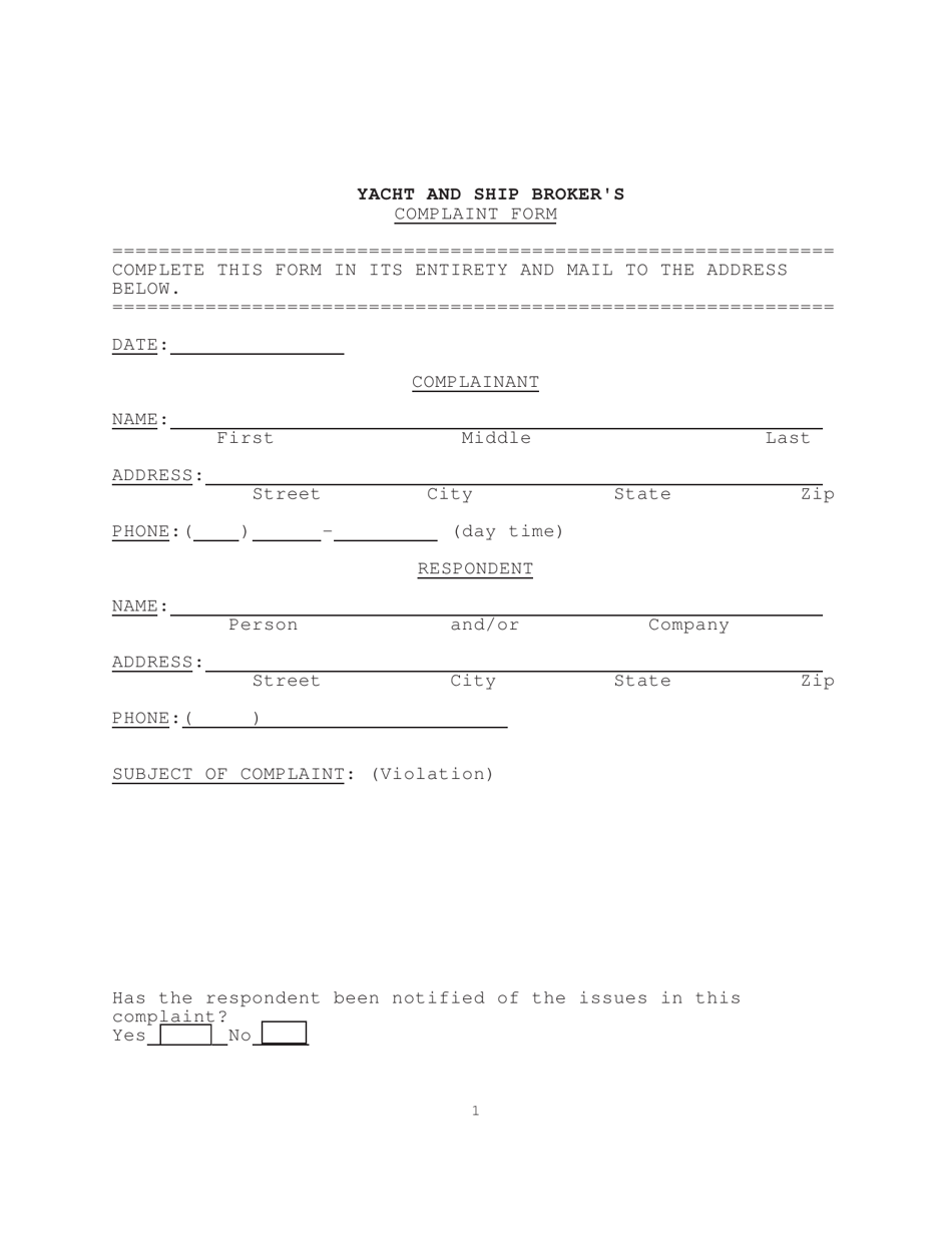 Yacht and Ship Brokers Complaint Form - Florida, Page 1