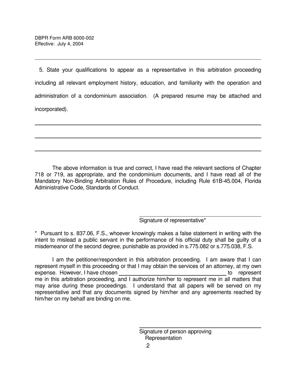 DBPR Form ARB6000-002 Qualified Representative Application - Florida, Page 2
