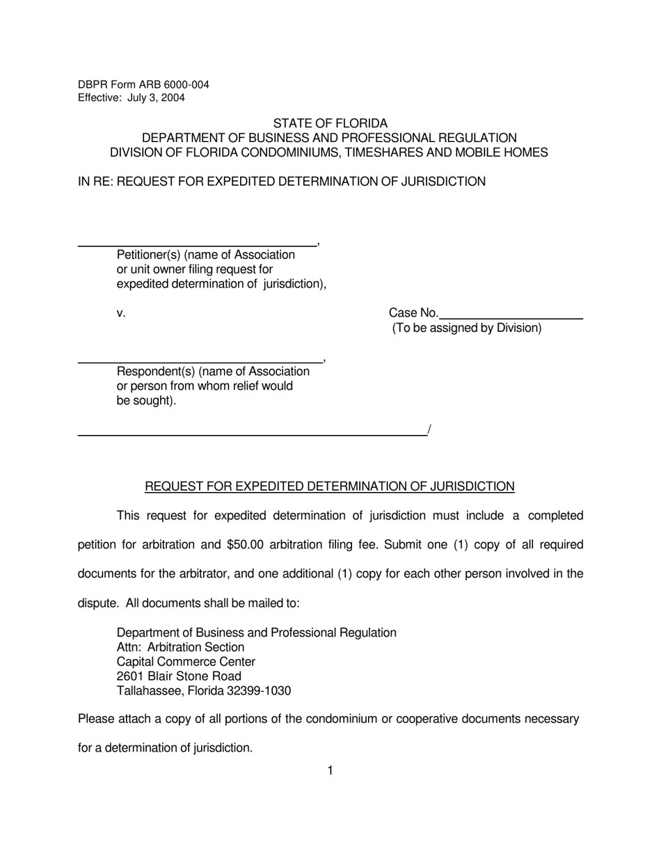 DBPR Form ARB6000-004 Request for Expedited Determination of Jurisdiction - Florida, Page 1