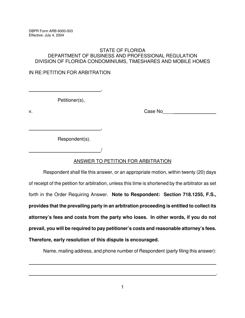 DBPR Form ARB6000-003 Answer to Petition for Arbitration - Florida, Page 1