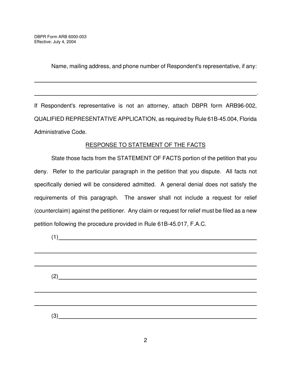 DBPR Form ARB6000-003 Answer to Petition for Arbitration - Florida, Page 2