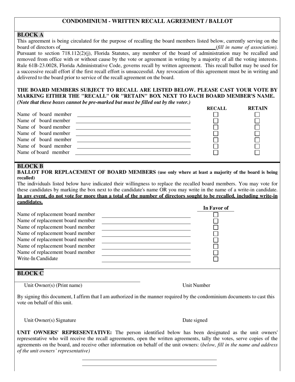 Condominium - Written Recall Agreement / Ballot - Florida, Page 1