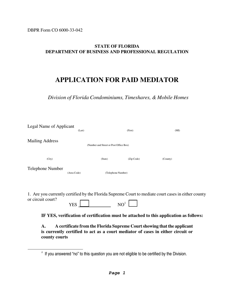 DBPR Form CO6000-33-042 Application for Paid Mediator - Florida, Page 1