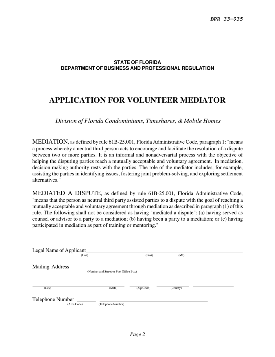Form BPR33-035 Application for Volunteer Mediator - Florida, Page 1