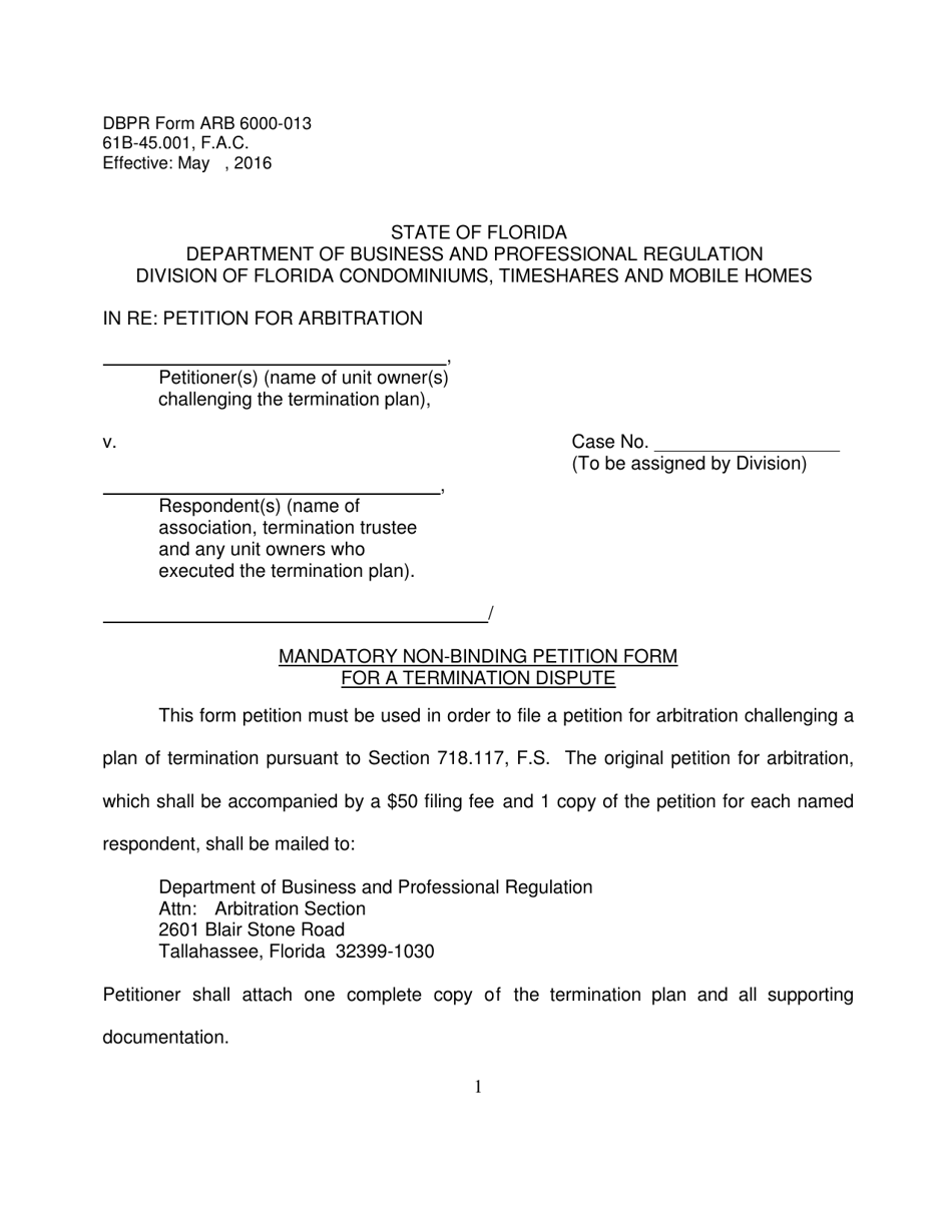 DBPR Form ARB6000-013 Mandatory Non-binding Petition Form for a Termination Dispute - Florida, Page 1