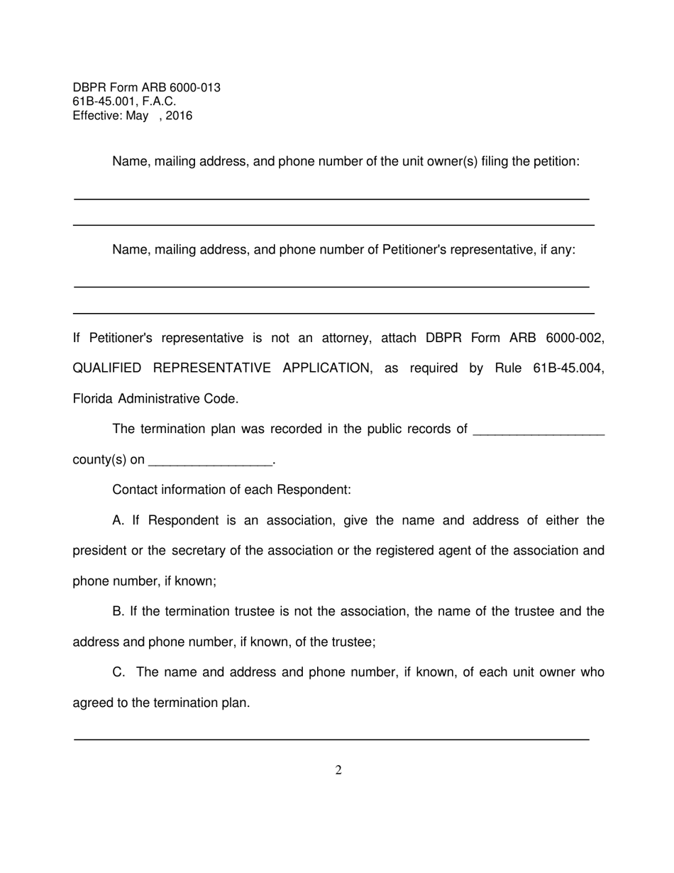 DBPR Form ARB6000-013 Mandatory Non-binding Petition Form for a Termination Dispute - Florida, Page 2