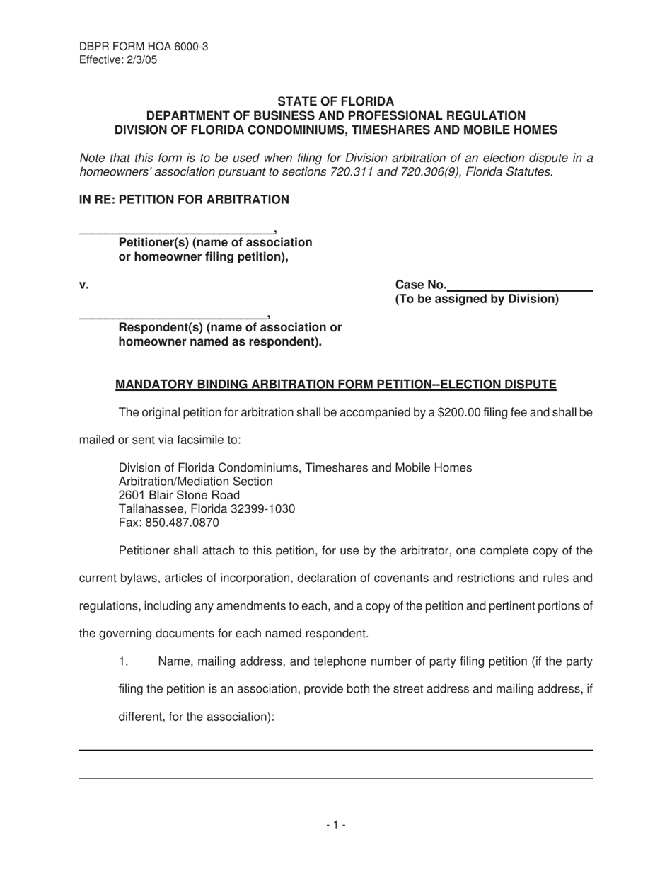 DBPR Form HOA6000-3 Mandatory Binding Arbitration Form Petition - Election Dispute - Florida, Page 1