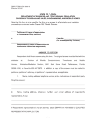 Document preview: DBPR Form HOA6000-9 Answer to Petition - Florida