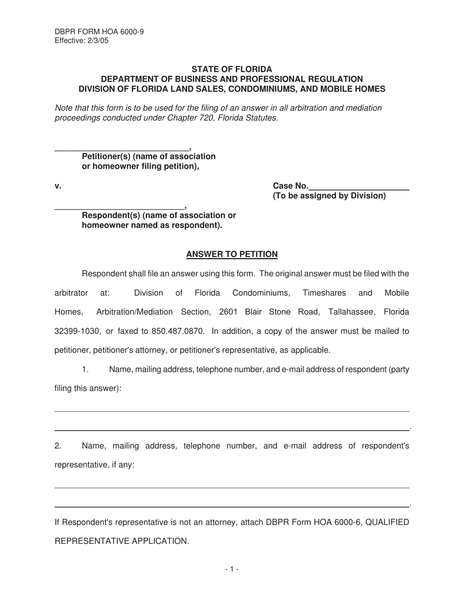DBPR Form HOA6000-9 Answer to Petition - Florida, Page 1
