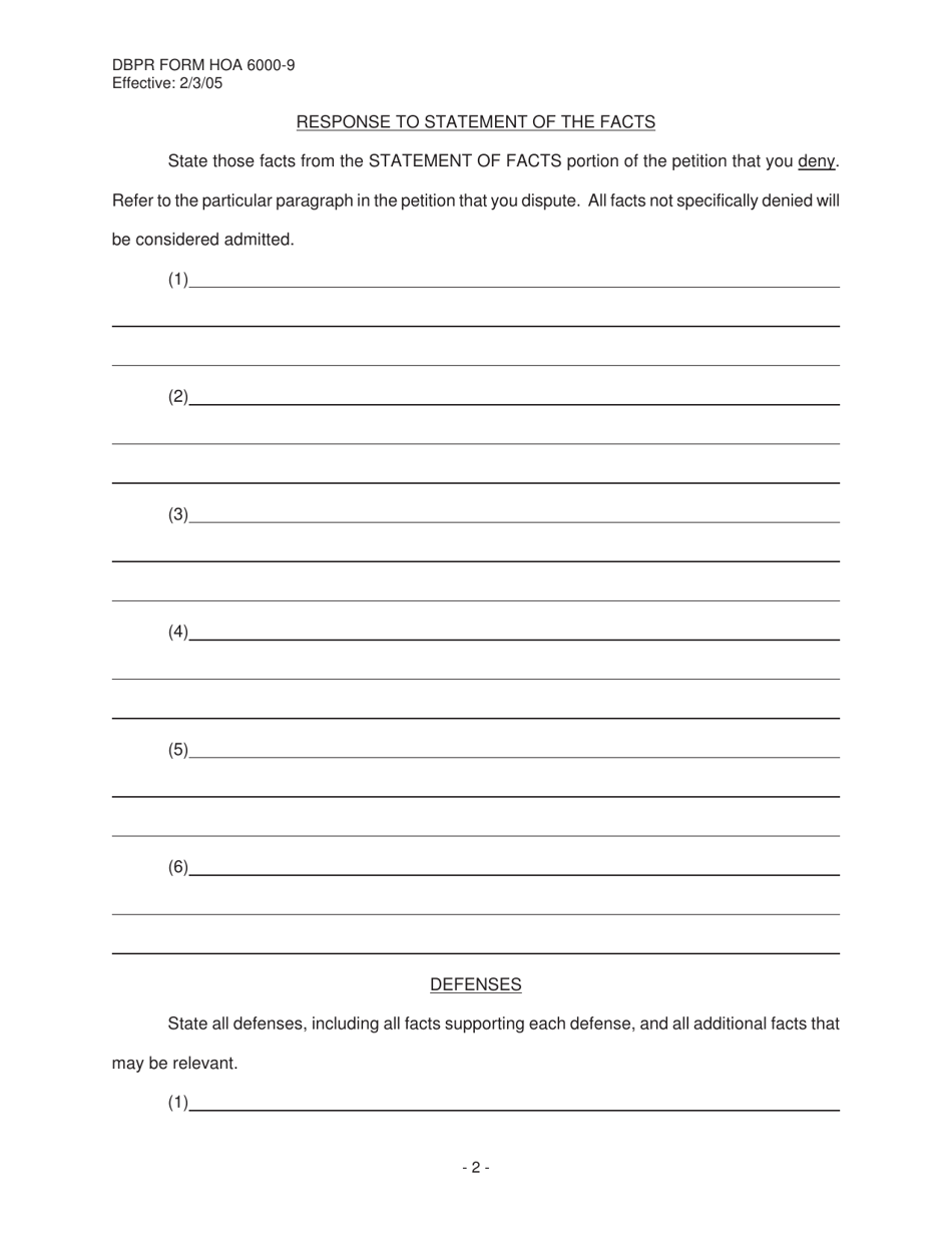 DBPR Form HOA6000-9 Answer to Petition - Florida, Page 2