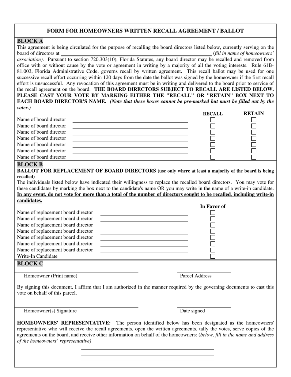Form for Homeowners Written Recall Agreement / Ballot - Florida, Page 1