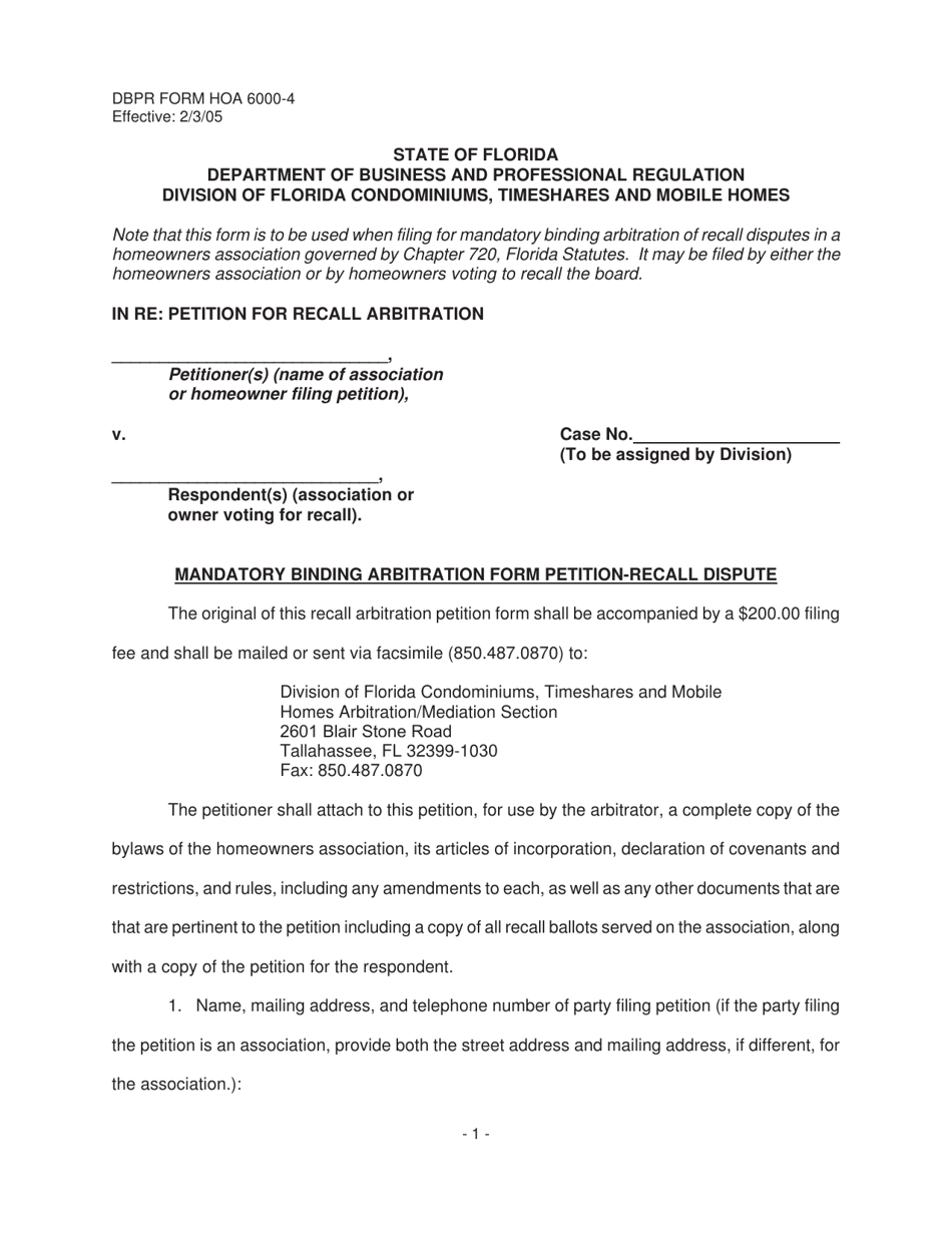 DBPR Form HOA6000-4 Mandatory Binding Arbitration Form Petition-Recall Dispute - Florida, Page 1