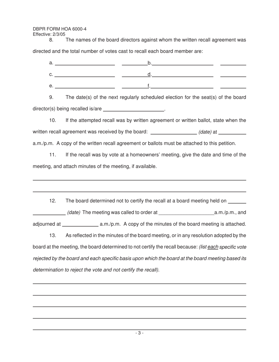 DBPR Form HOA6000-4 Mandatory Binding Arbitration Form Petition-Recall Dispute - Florida, Page 3