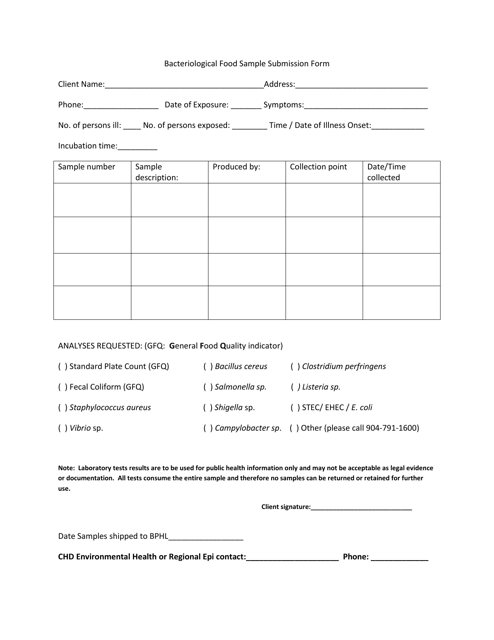 Bacteriological Food Sample Submission Form - Florida