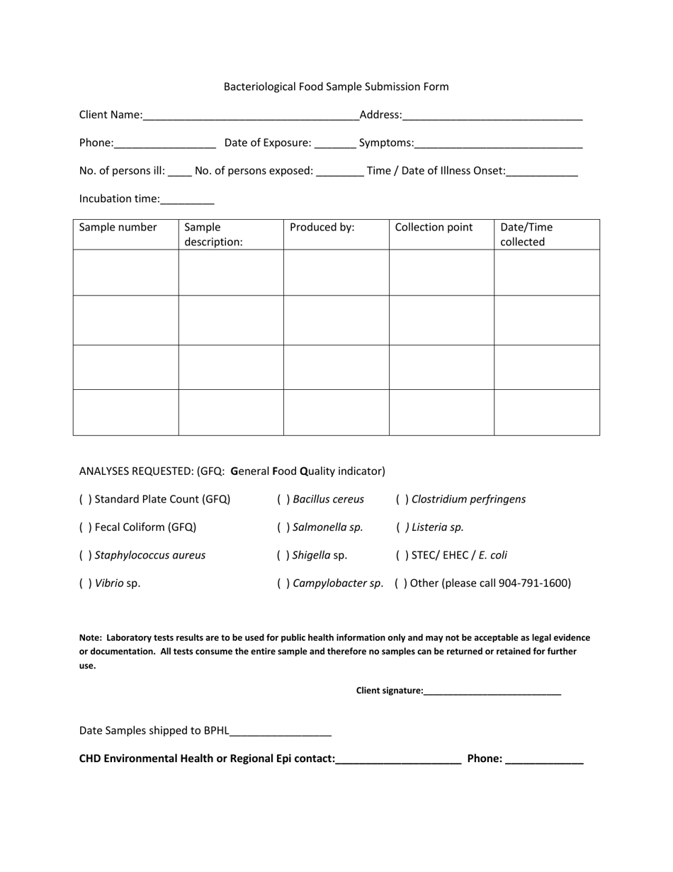 Bacteriological Food Sample Submission Form - Florida, Page 1