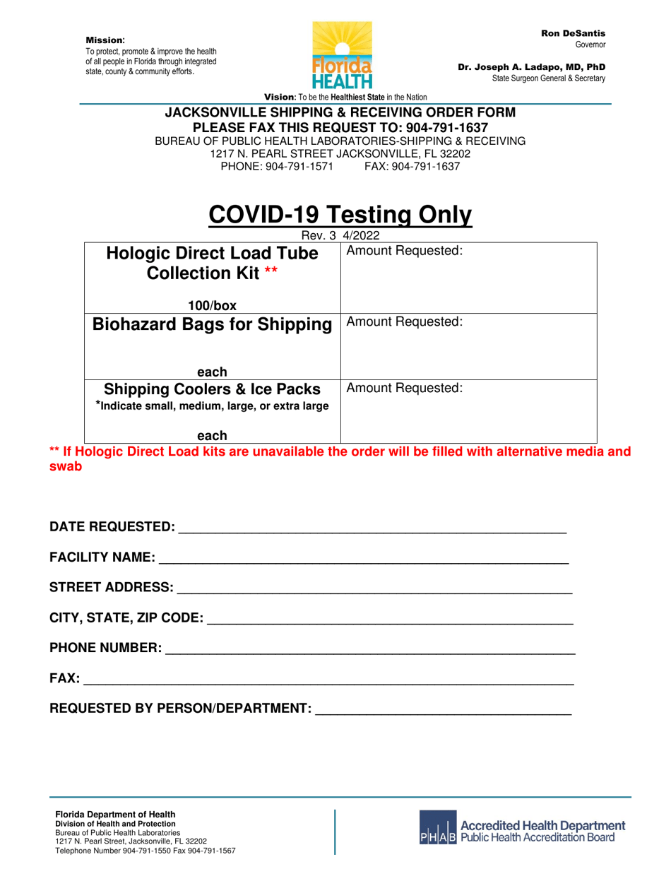 Jacksonville Shipping  Receiving Order Form - Covid-19 Testing Only - Florida, Page 1