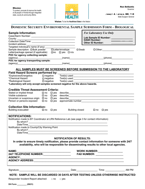 Domestic Security Environmental Sample Submission Form - Biological - Florida Download Pdf