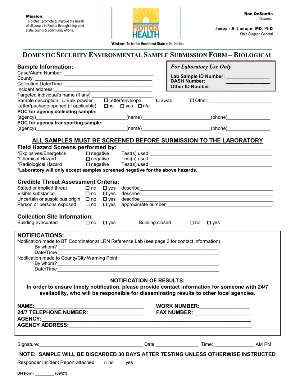 Domestic Security Environmental Sample Submission Form - Biological - Florida, Page 1