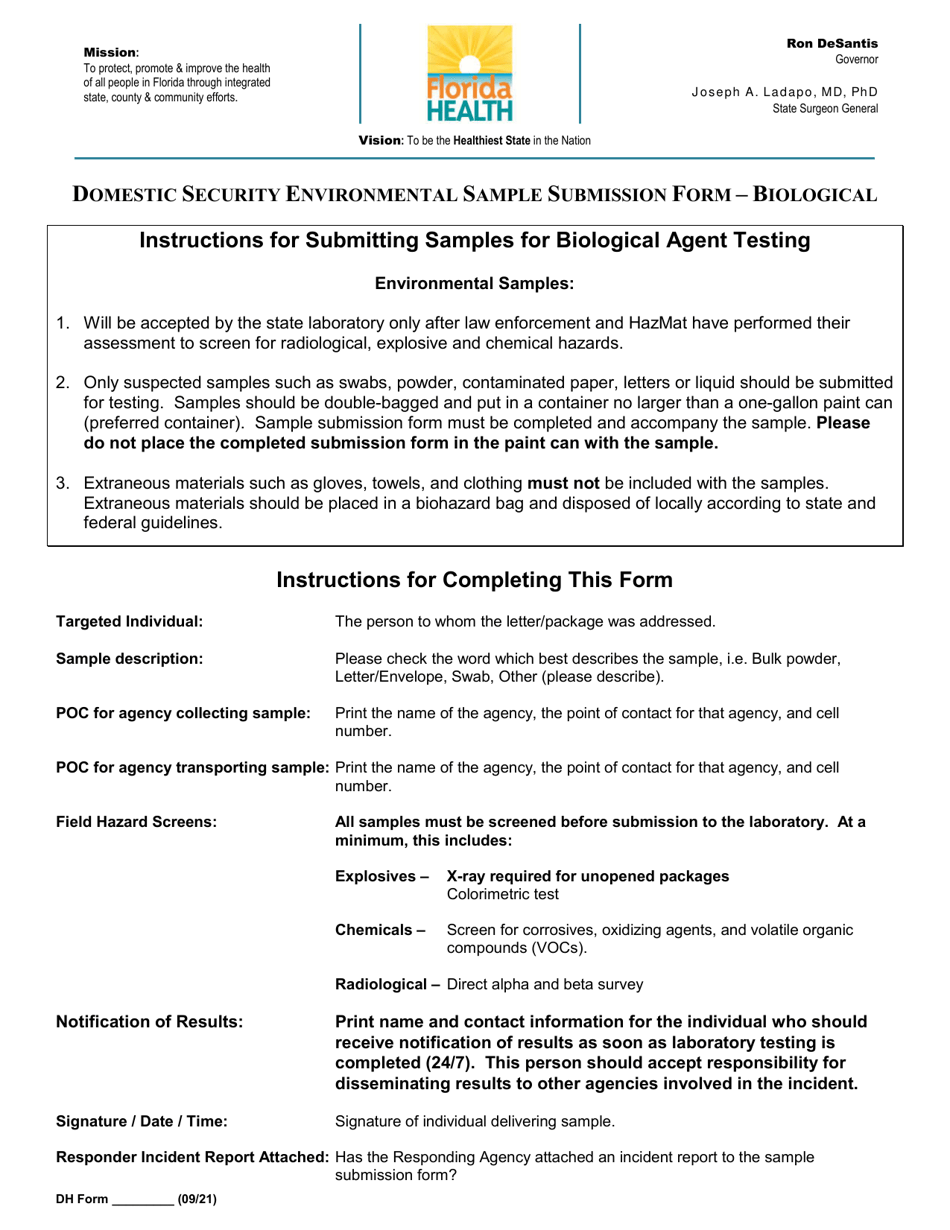 Domestic Security Environmental Sample Submission Form - Biological - Florida, Page 2