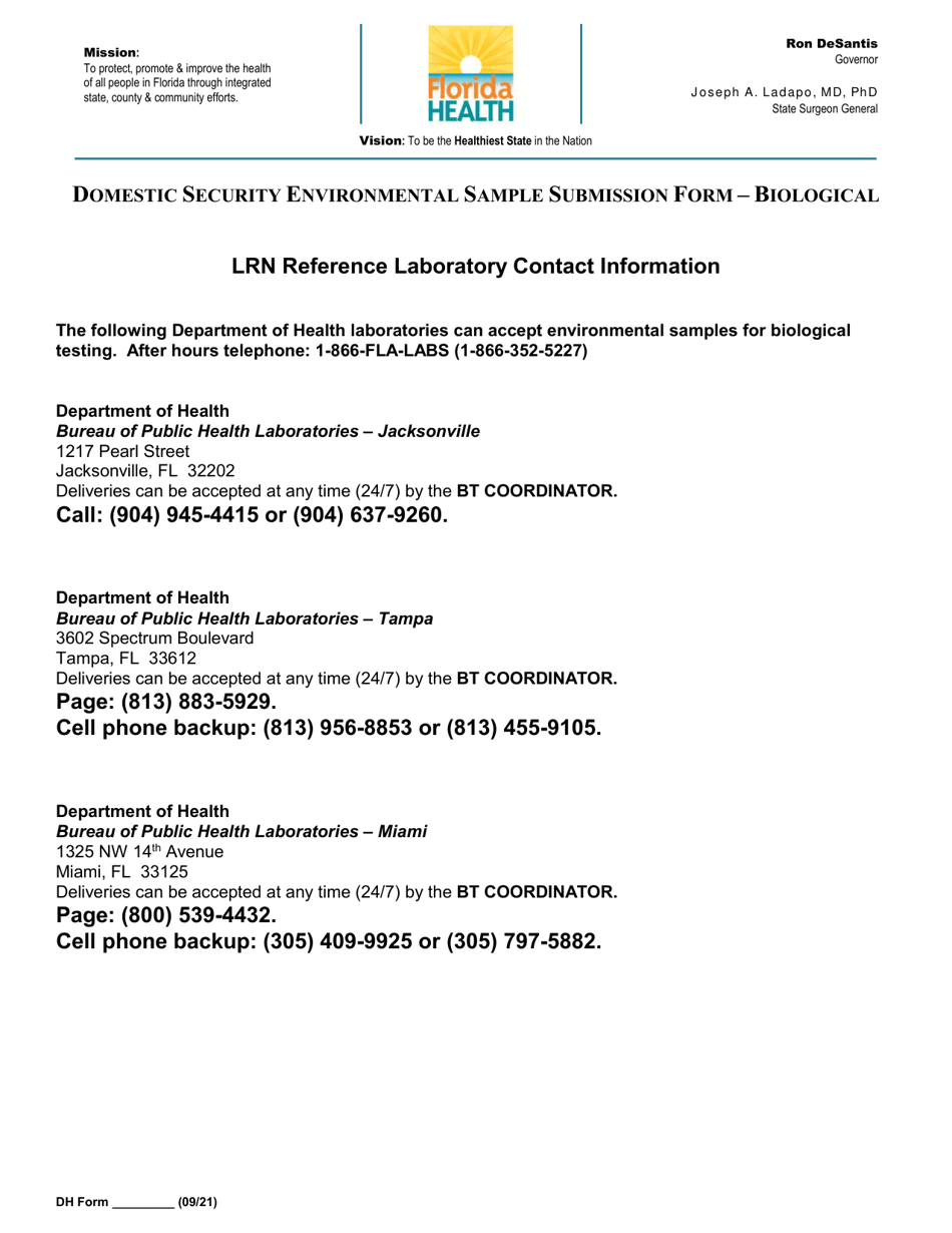 Domestic Security Environmental Sample Submission Form - Biological - Florida, Page 3