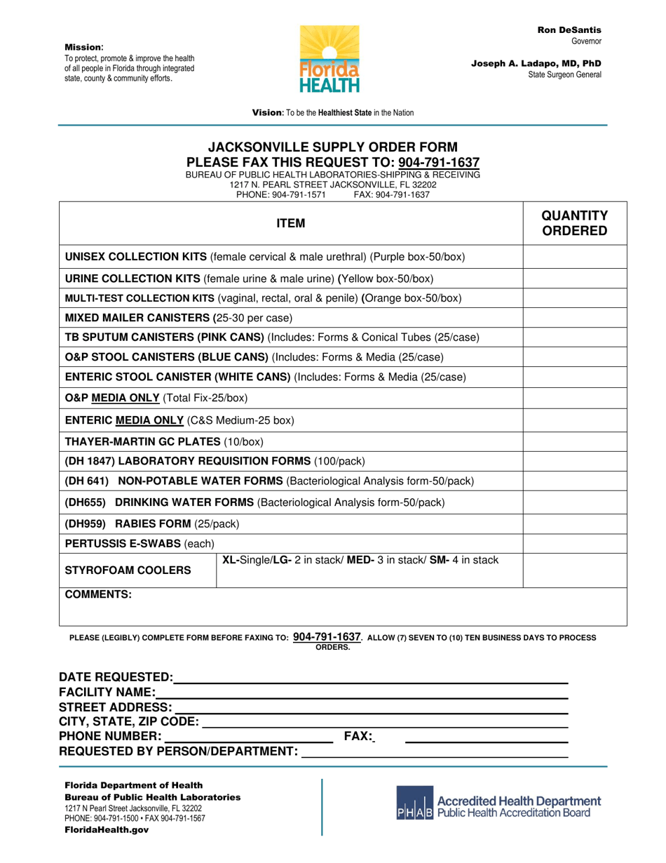 Jacksonville Supply Order Form - Florida, Page 1