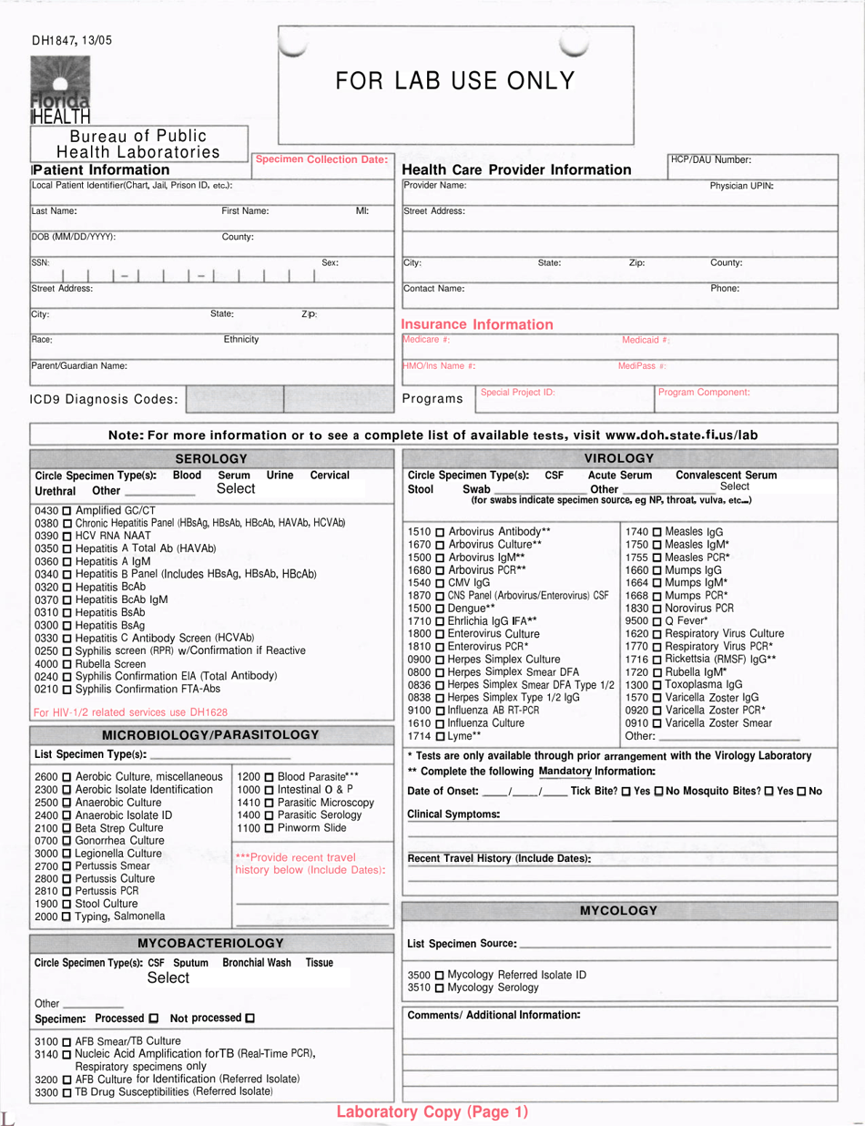Form DH1847 Clinical Lab Submission Form - Florida, Page 1