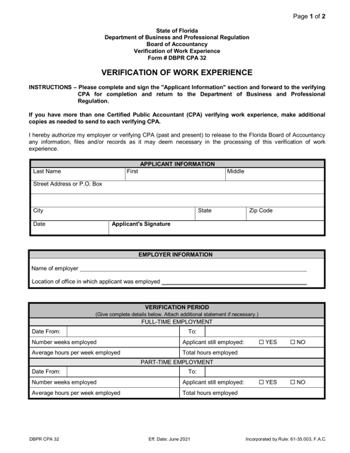 Form DBPR CPA32 Verification of Work Experience - Florida