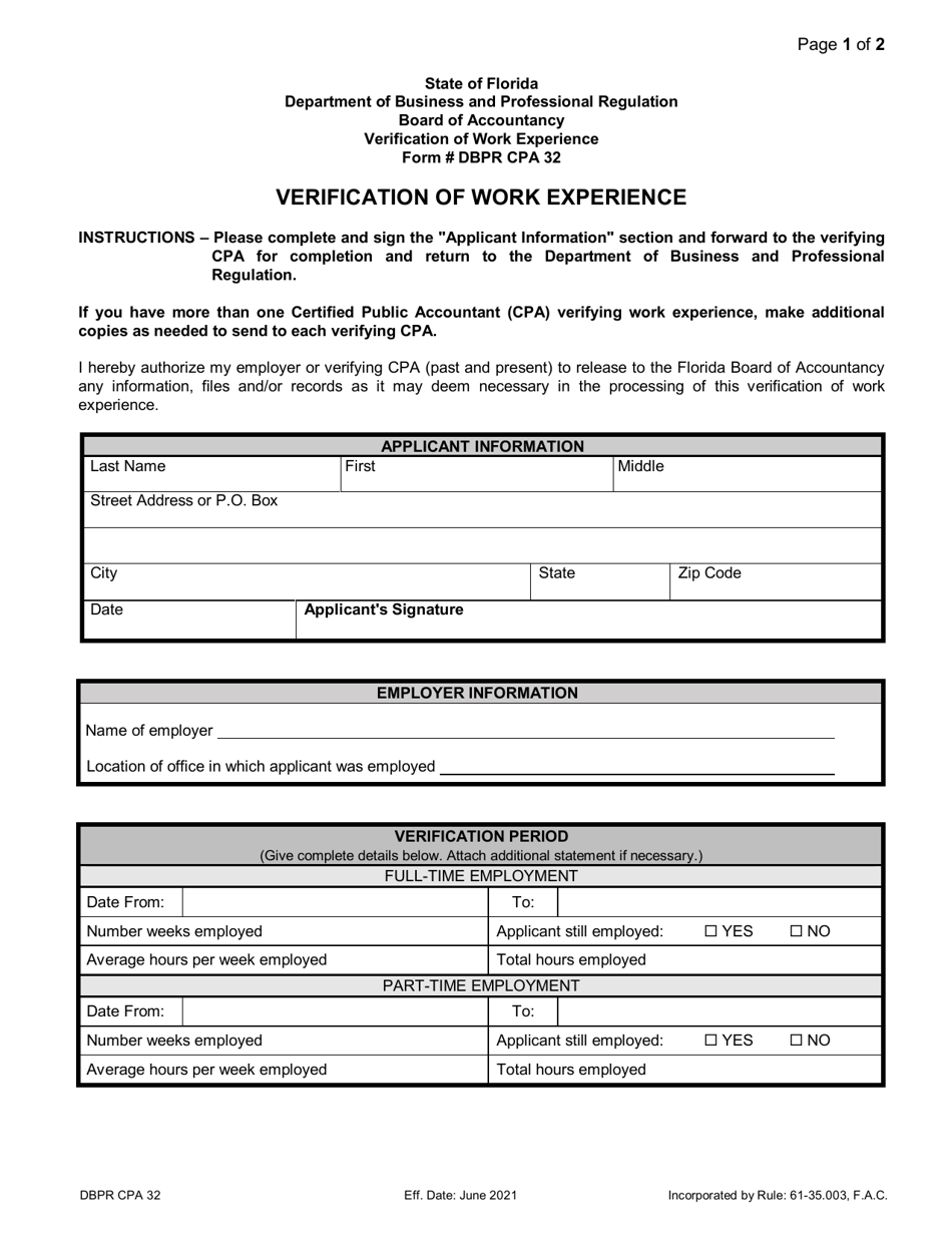Form DBPR CPA32 Verification of Work Experience - Florida, Page 1