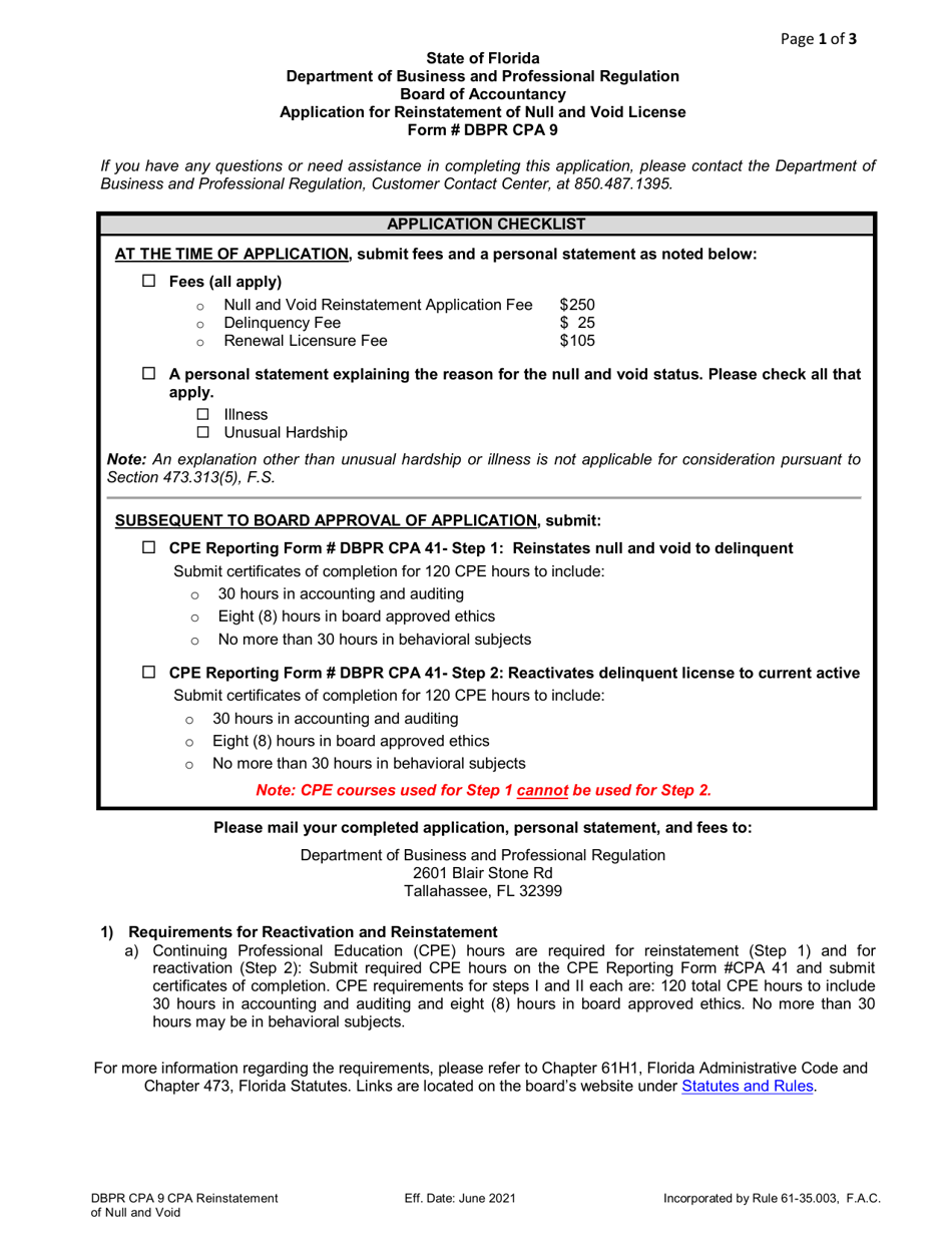 Form DBPR CPA9 Application for Reinstatement of Null and Void License - Florida, Page 1