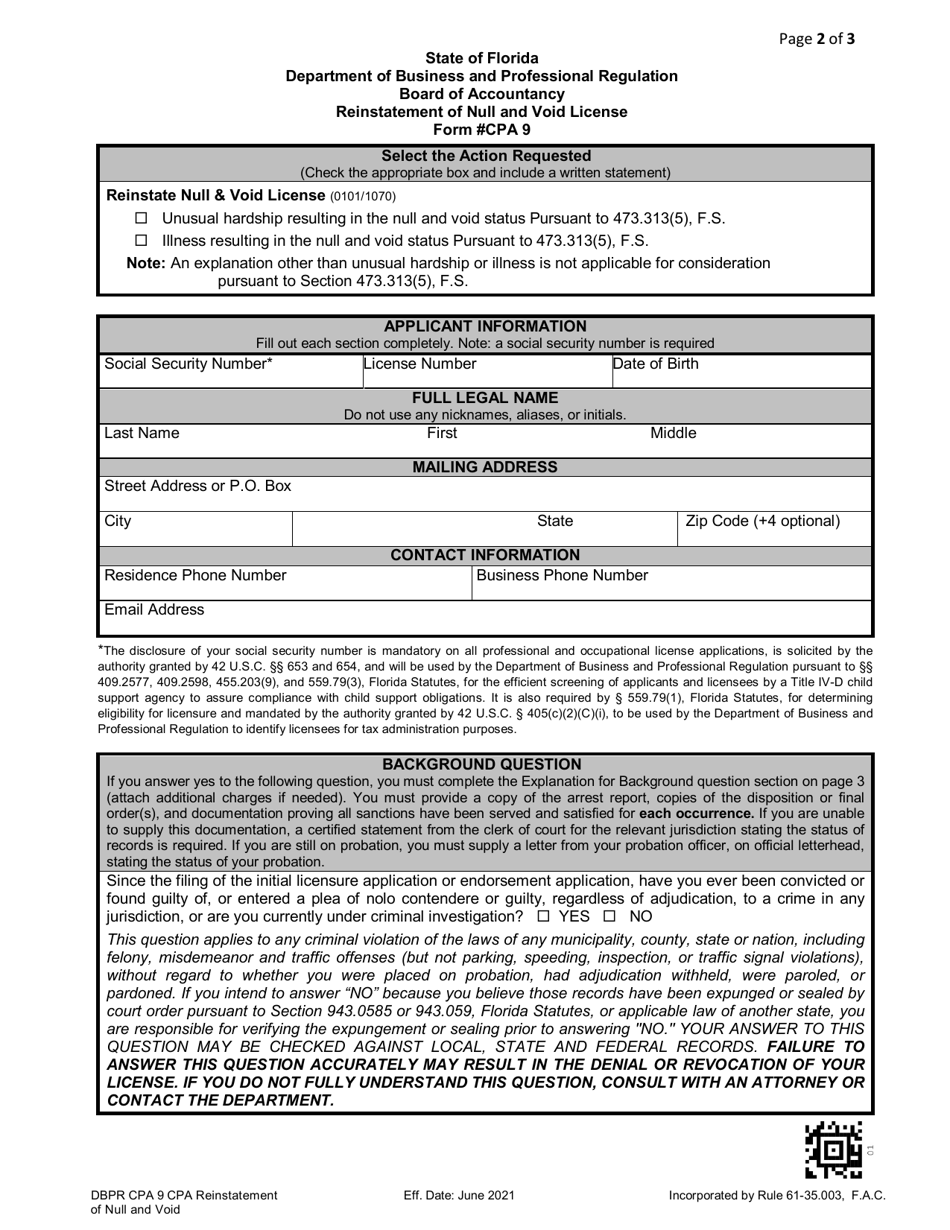 Form DBPR CPA9 Application for Reinstatement of Null and Void License - Florida, Page 2