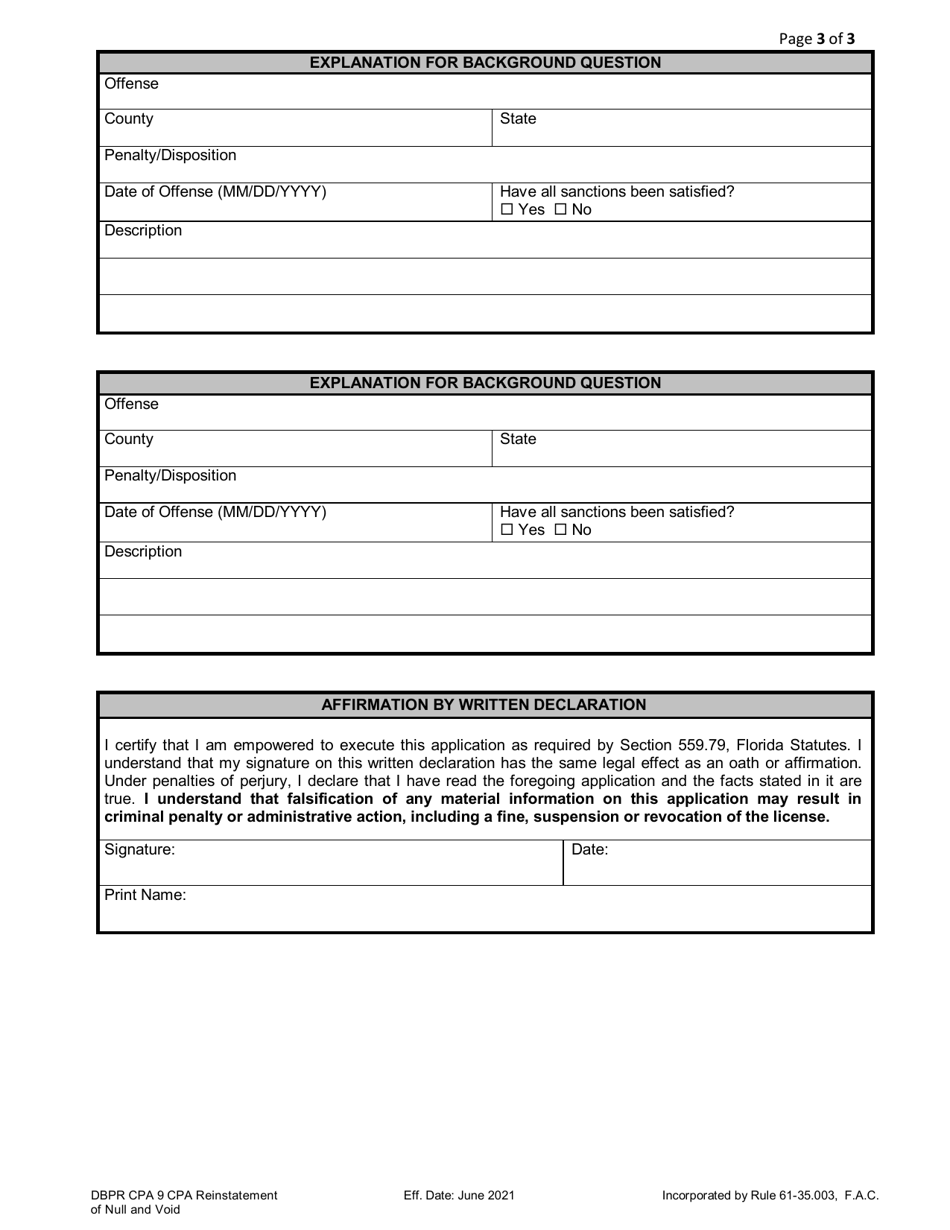 Form DBPR CPA9 Application for Reinstatement of Null and Void License - Florida, Page 3
