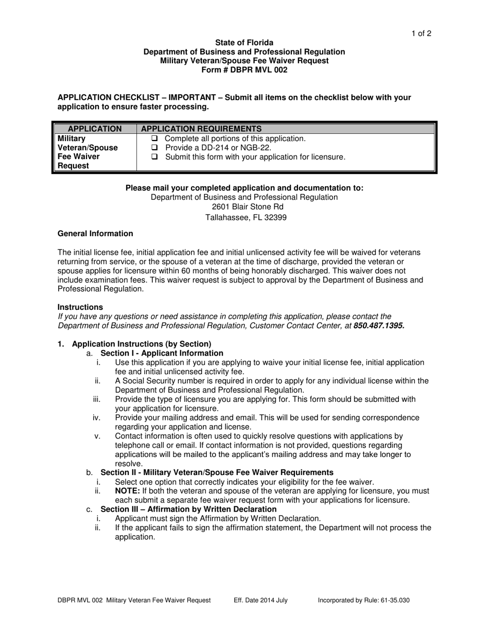 Form DBPR MVL002 Military Veteran / Spouse Fee Waiver Request - Florida, Page 1