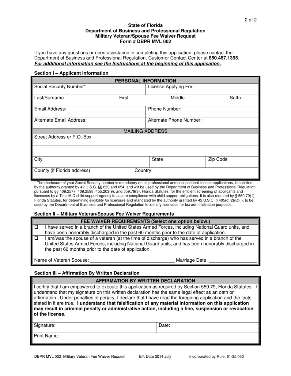 Form DBPR MVL002 Military Veteran / Spouse Fee Waiver Request - Florida, Page 2