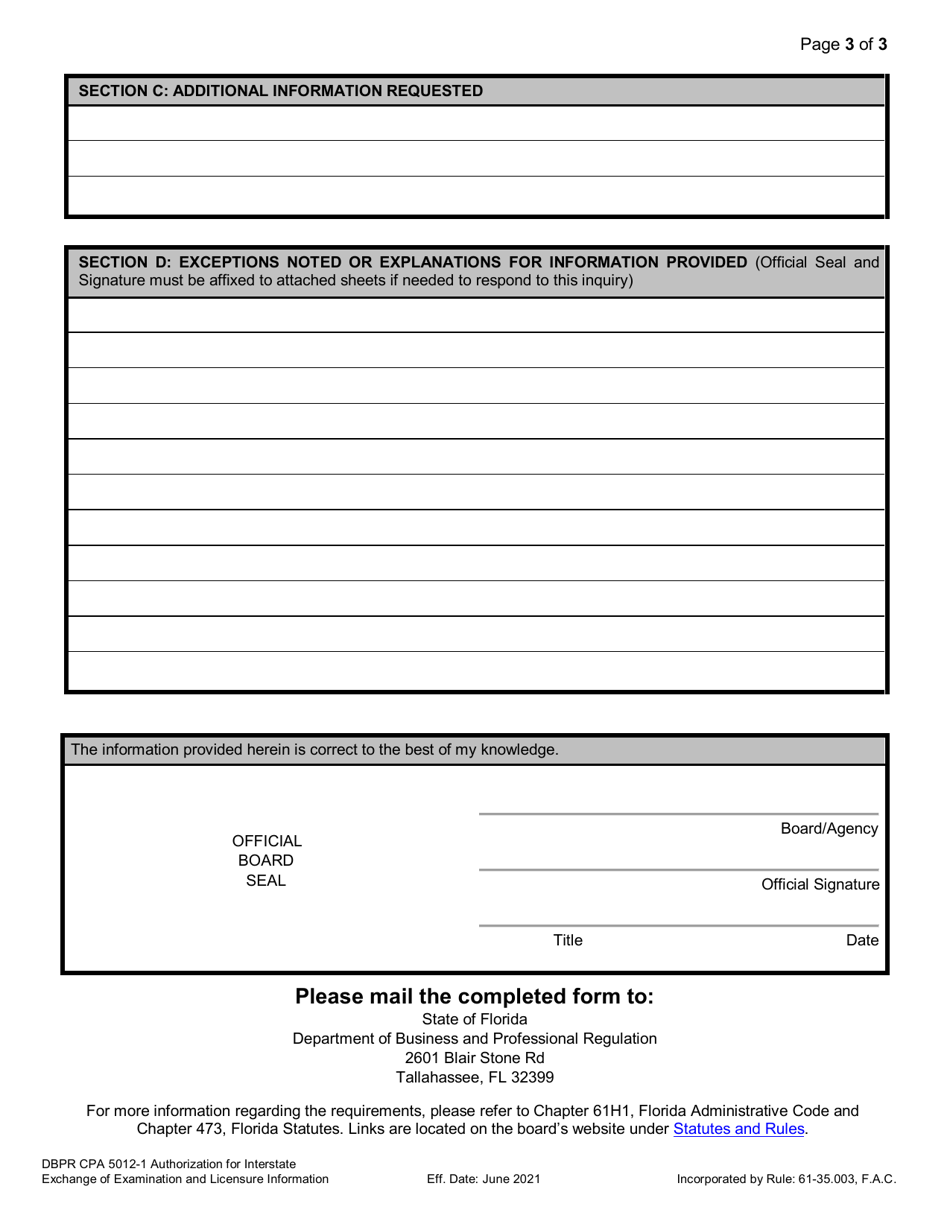 Form DBPR CPA5012-1 Authorization for Interstate Exchange of Examination and Licensure Information - Florida, Page 3