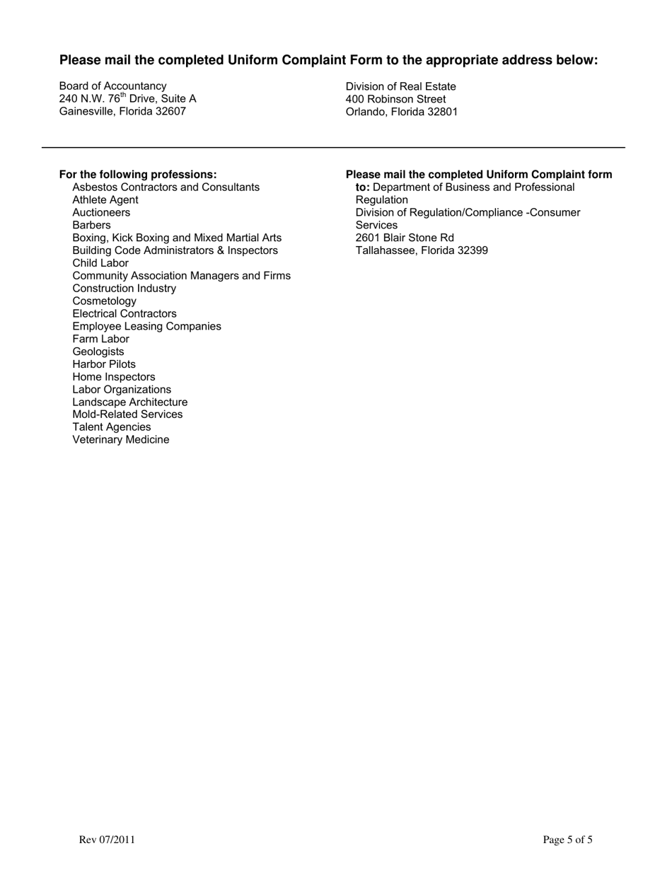 Form DBPR0070 Uniform Complaint Form - Florida, Page 5