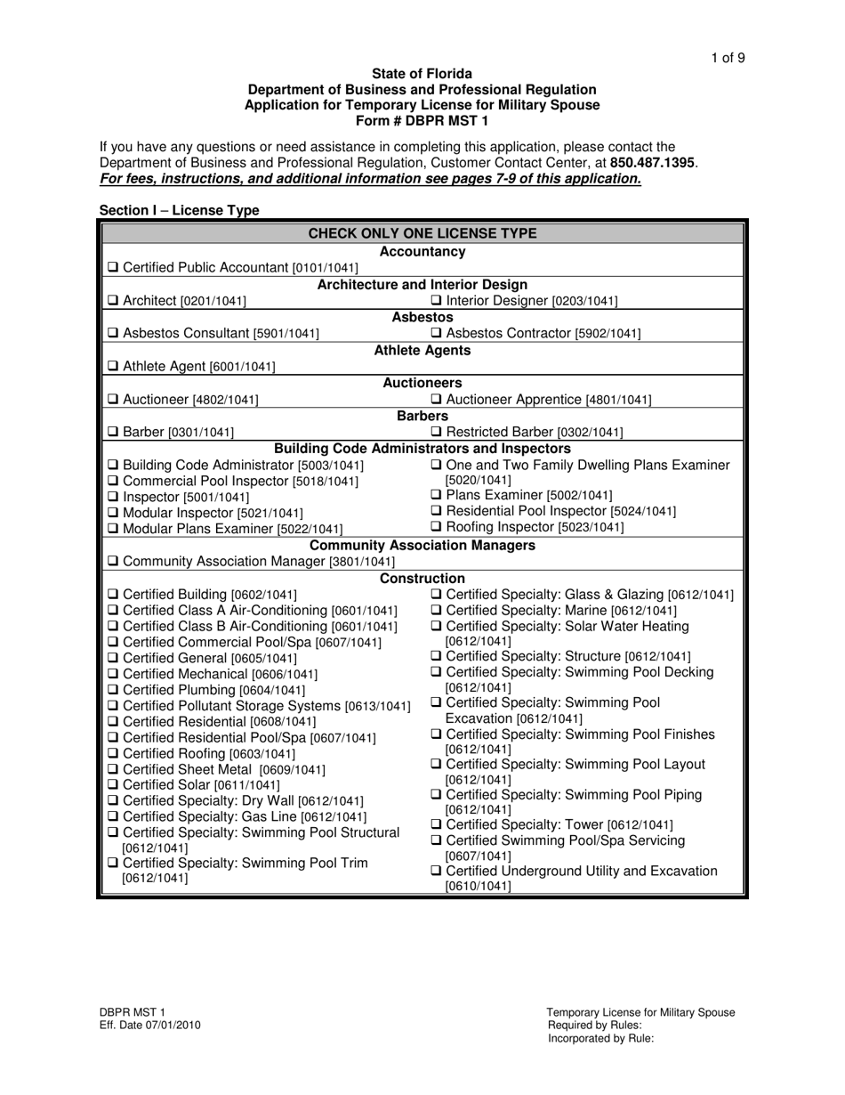 Form DBPR MST1 Application for Temporary License for Military Spouse - Florida, Page 1