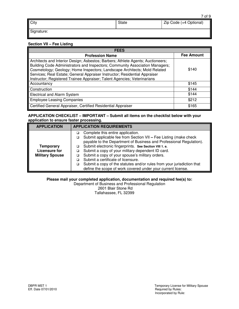 Form DBPR MST1 Application for Temporary License for Military Spouse - Florida, Page 7