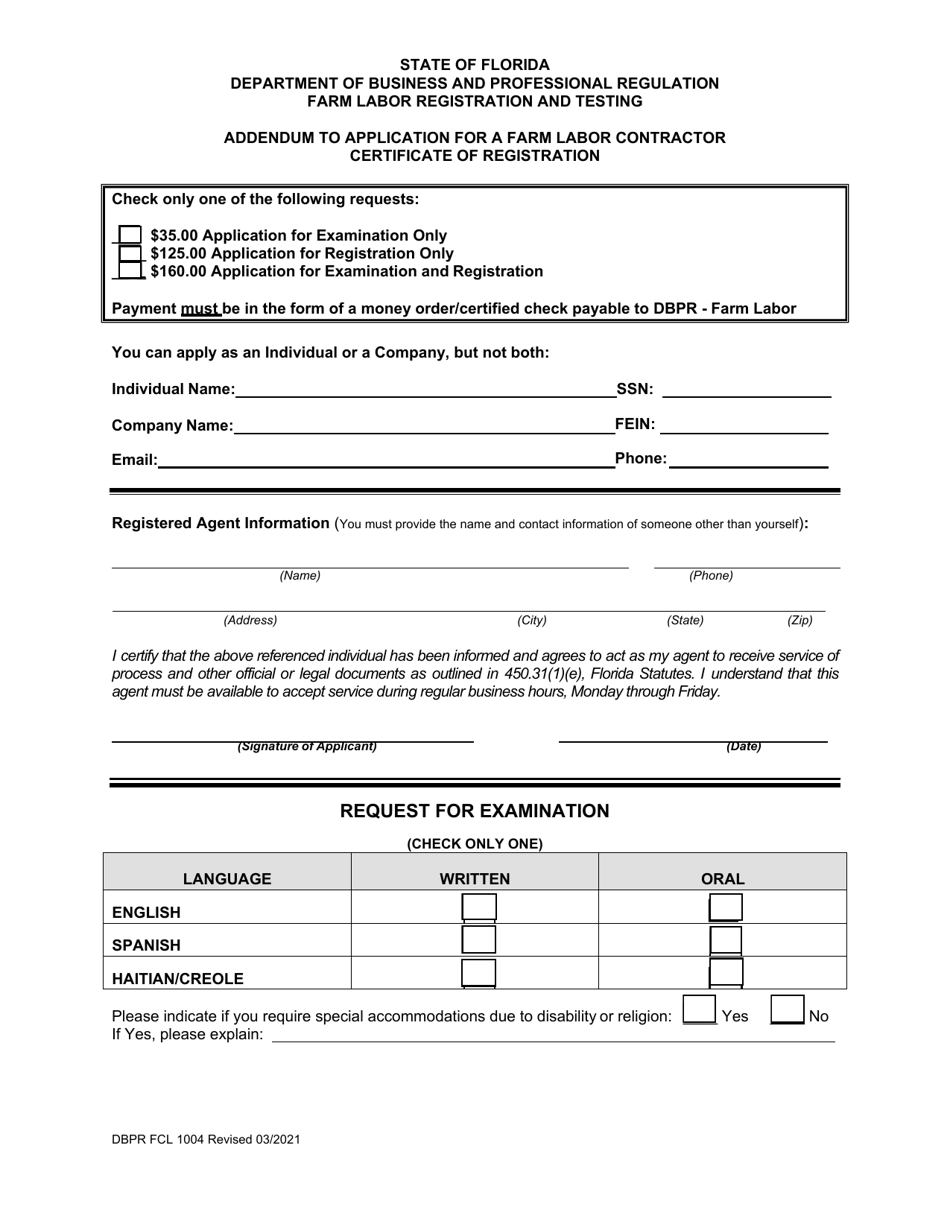 Form DBPR FCL1004 Addendum to Application for a Farm Labor Contractor Certificate of Registration - Florida, Page 1