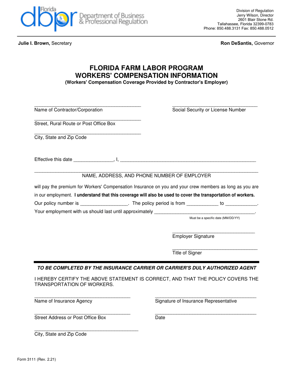 Form 3111 Workers Compensation Information (Workers Compensation Coverage Provided by Contractors Employer) - Florida Farm Labor Program - Florida, Page 1