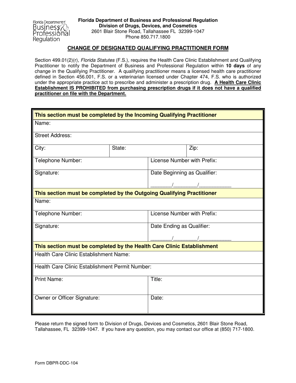 Form DBPR-DDC-104 Change of Designated Qualifying Practitioner Form - Florida, Page 1