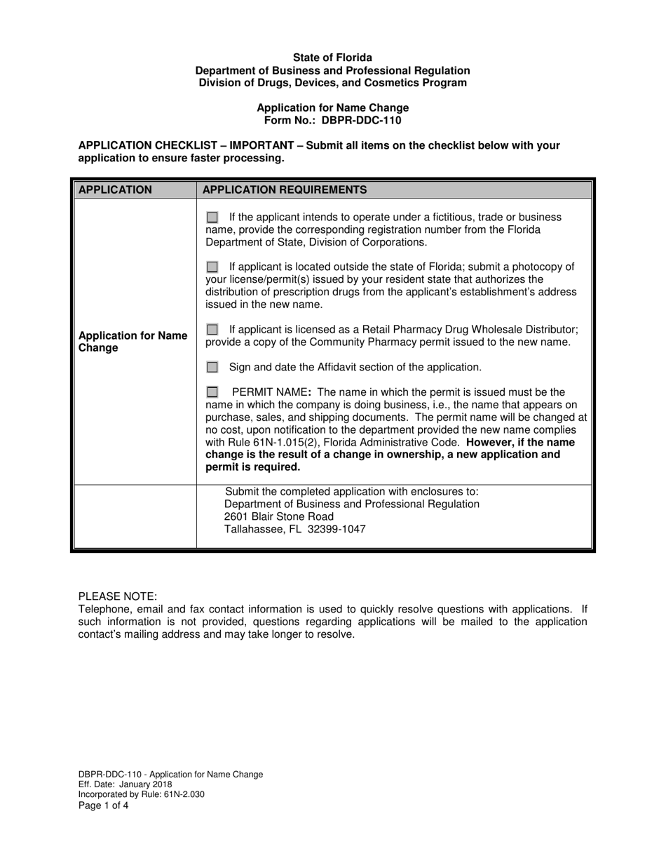Form DBPR-DDC-110 Application for Name Change - Florida, Page 1