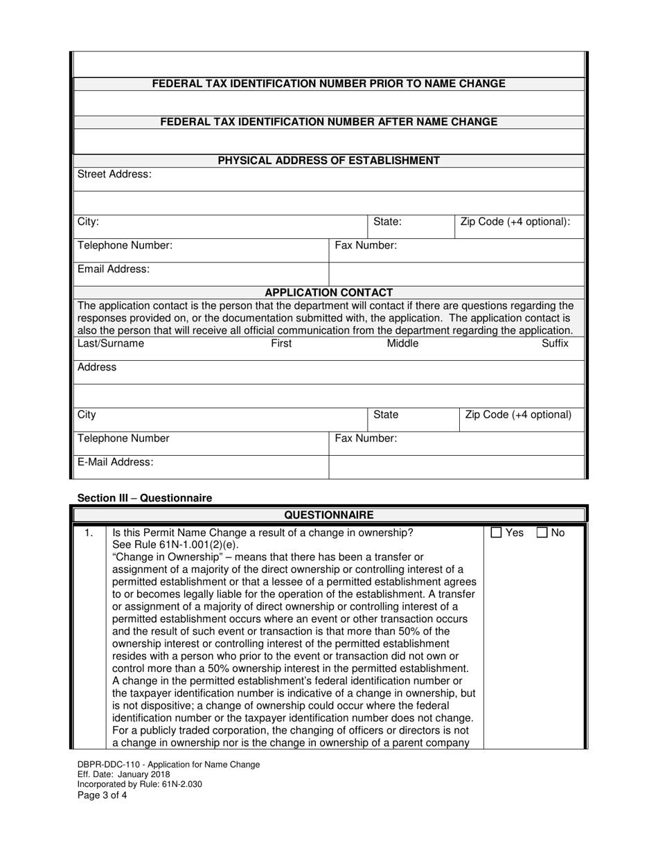 Form DBPR-DDC-110 Application for Name Change - Florida, Page 3