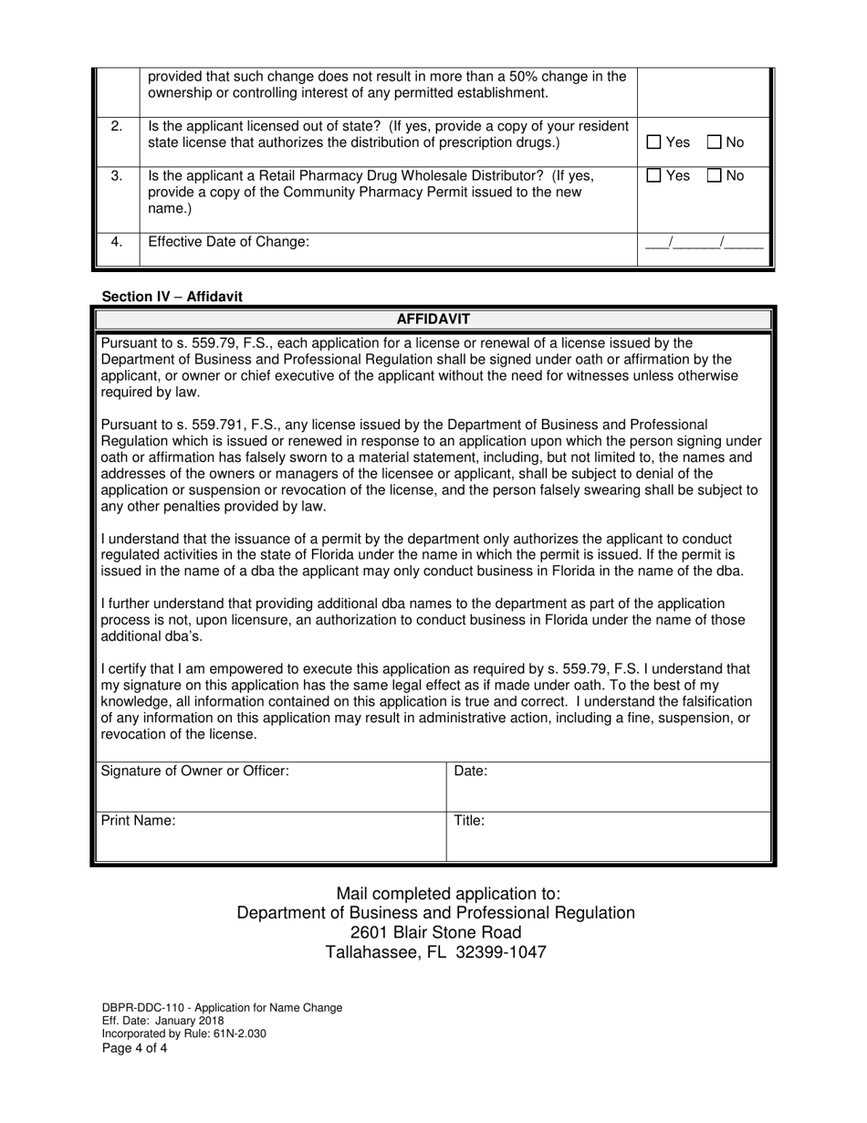 Form DBPR-DDC-110 Application for Name Change - Florida, Page 4