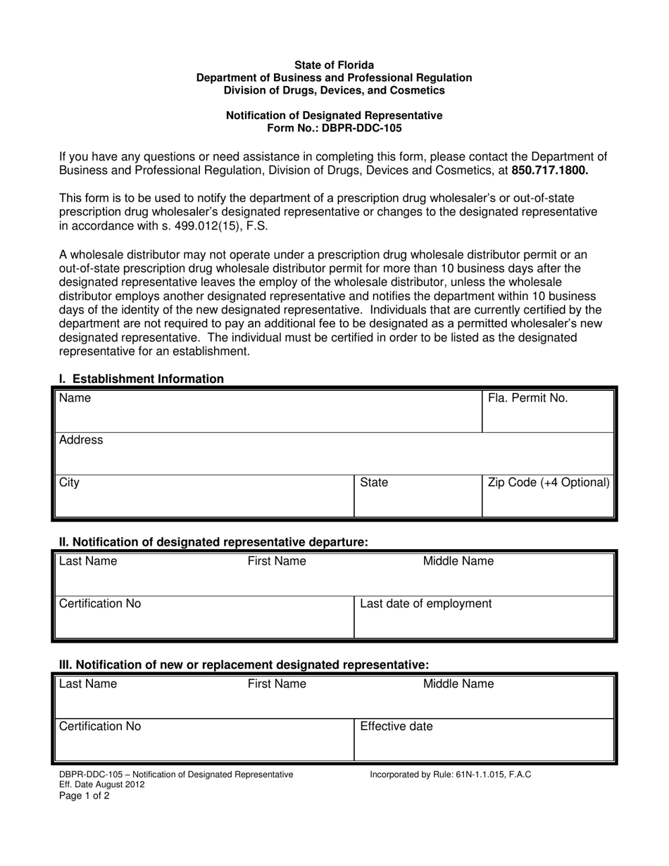 Form DBPR-DDC-105 Notification of Designated Representative - Florida, Page 1